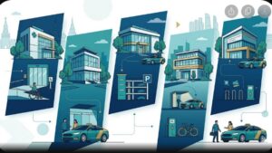Современная иллюстрация московских клиник и автомобиля такси для комфортной поездки на медицинский осмотр